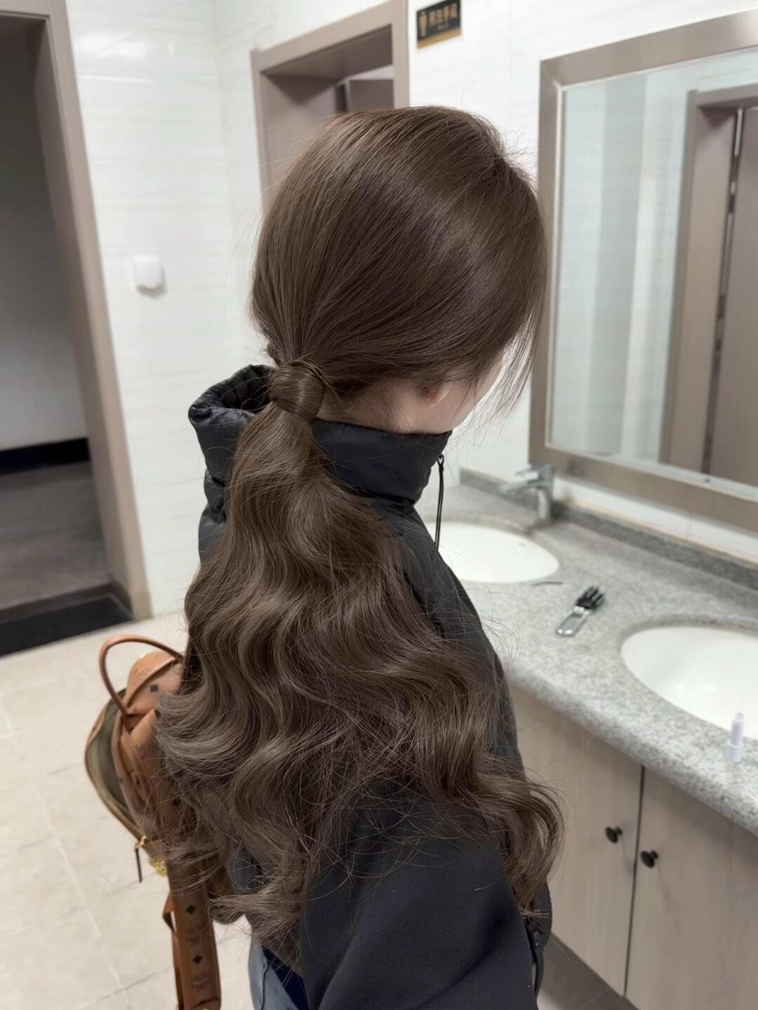 Ash brown extension low ponytail